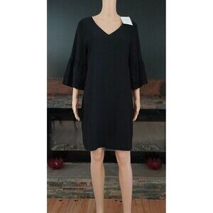 NEW Belongsci Women's LARGE Party Dress V-Neck Bell Sleeve Black Elegant Fancy